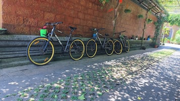 Una hilera de bicicletas estacionadas junto a un muro de ladrillo, con macetas y un camino empedrado.