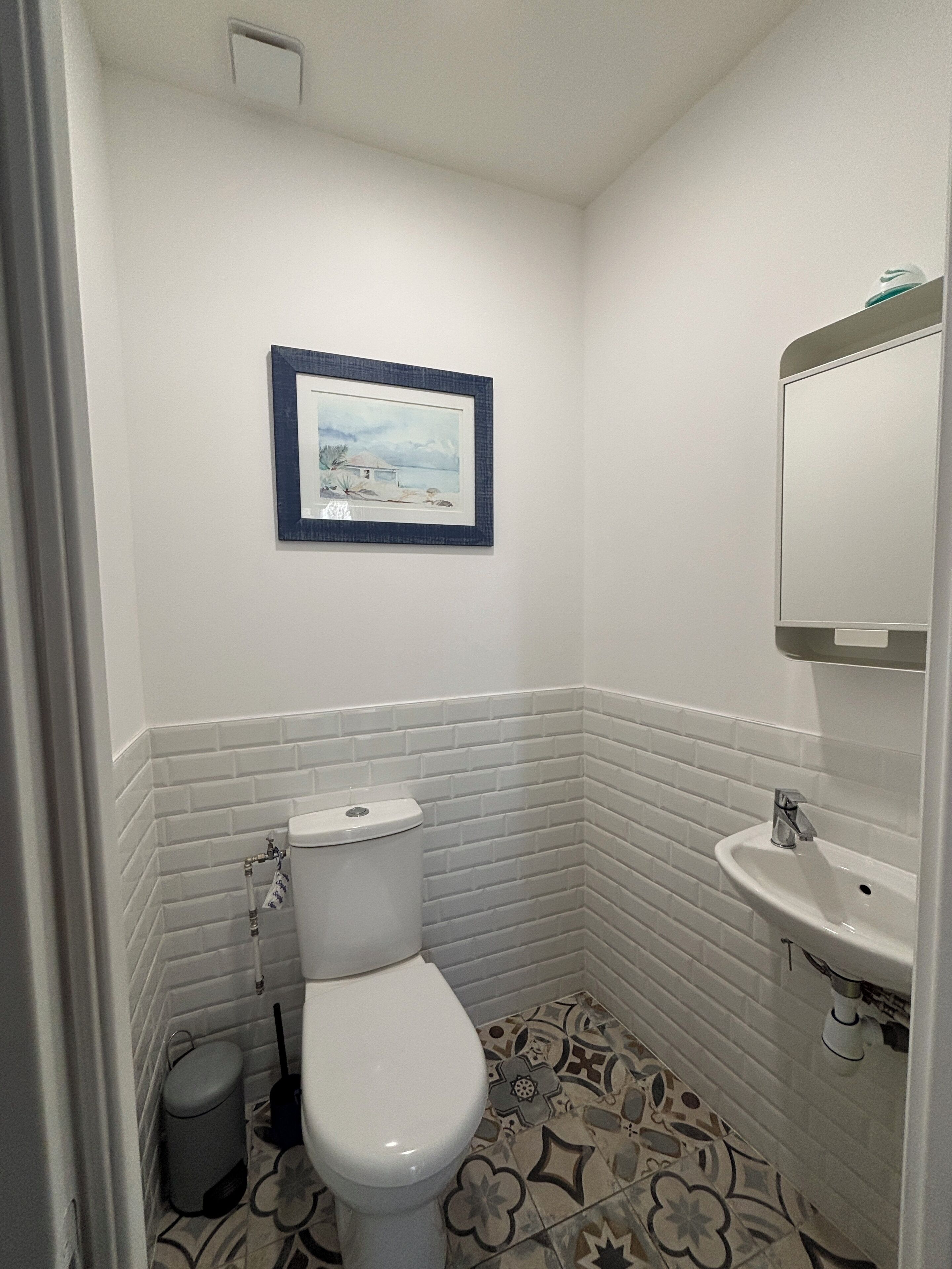 A small bathroom with a toilet, sink, and a framed picture on the wall.
