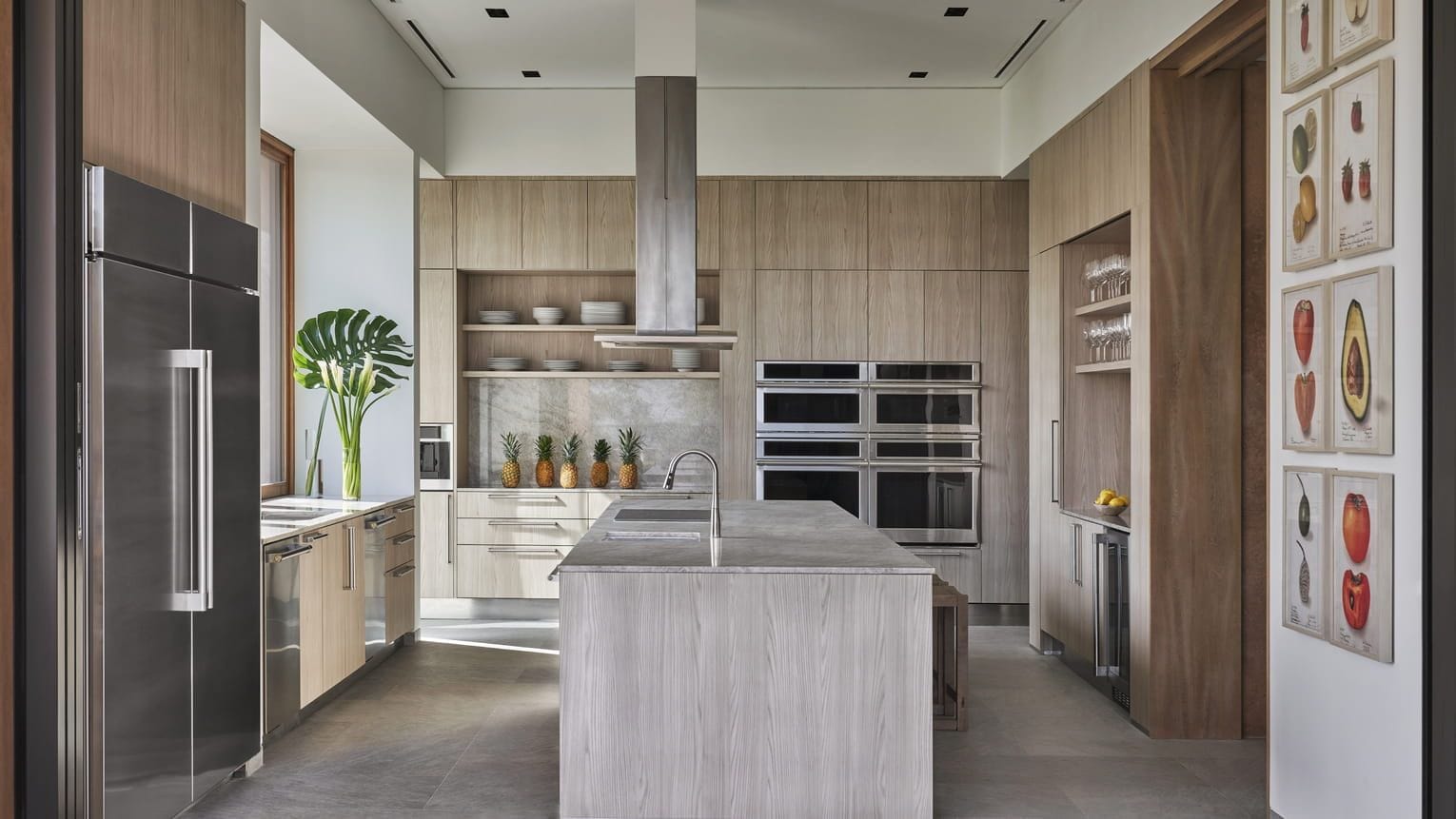 Una cocina moderna con una isla central, electrodomésticos de acero inoxidable, armarios de madera y una planta.