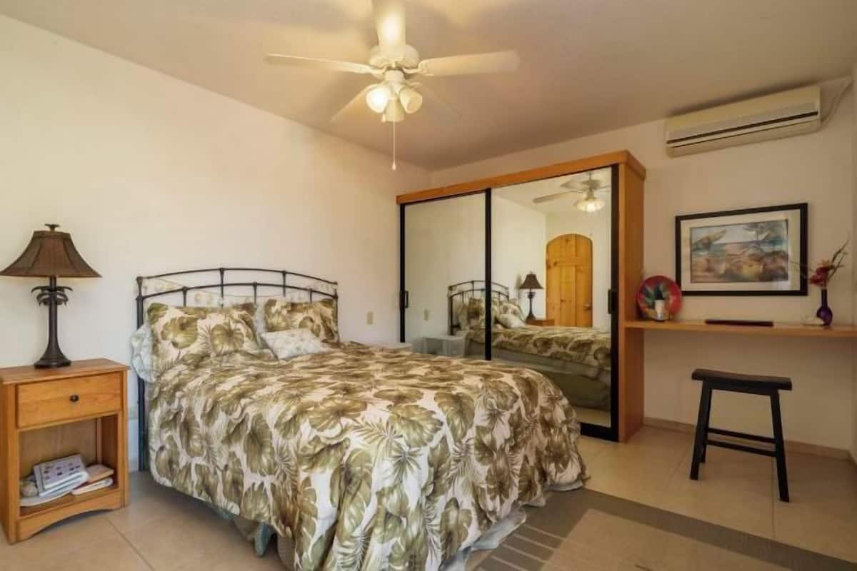 A bedroom with a bed, a nightstand, a desk, a chair, a ceiling fan, and a mirror.