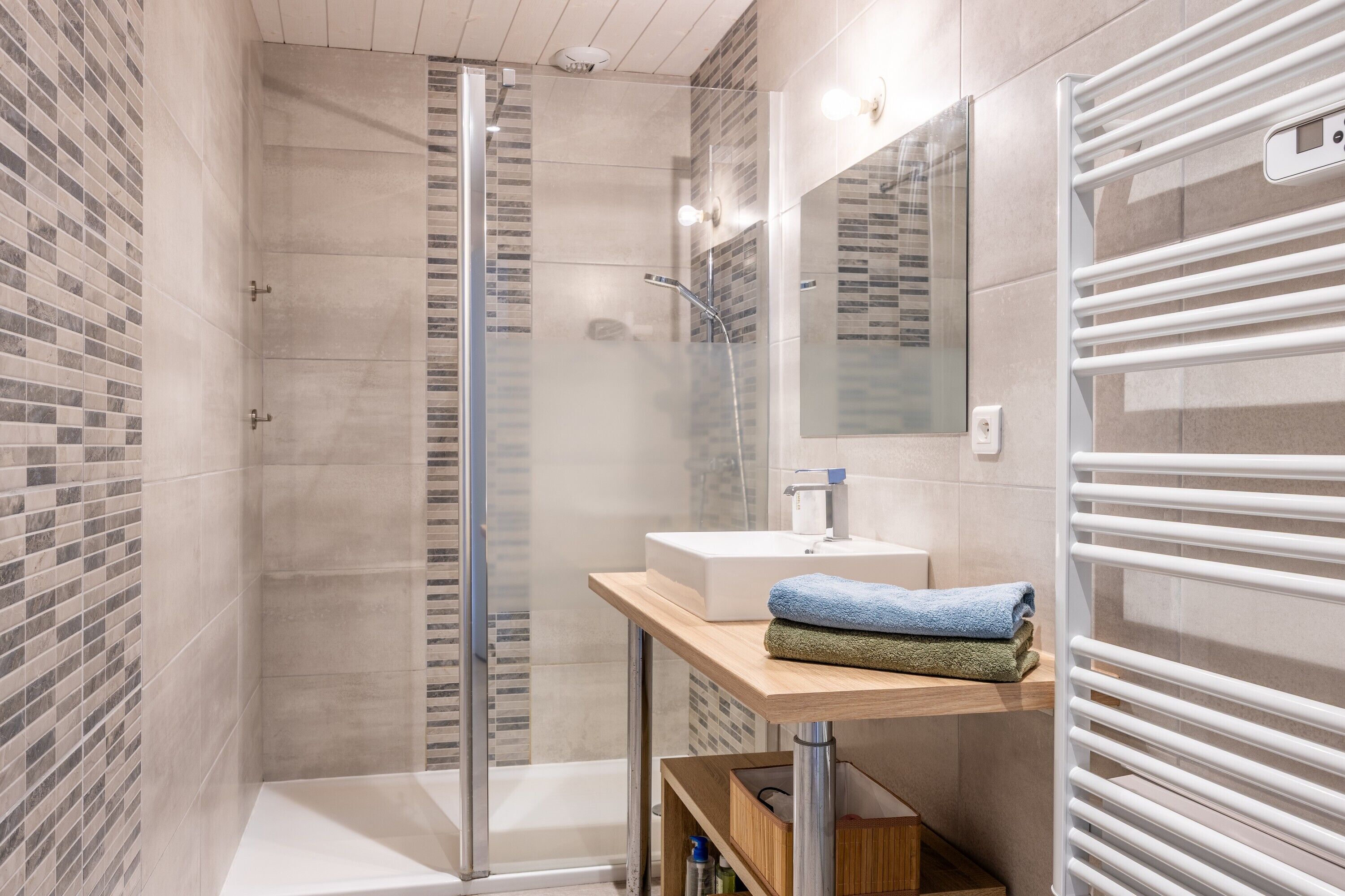 Shower, hair dryer, towels