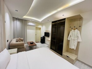Una habitación de hotel moderna con una cama grande, un área de descanso con sofá y sillón, un televisor, un armario y una bata colgada en la pared.