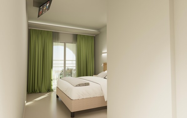 Rom – comfort, 1 queensize-seng, hageutsikt | Blendingsgardiner, lydisolert, strykejern/-brett og wi-fi (inkludert)
