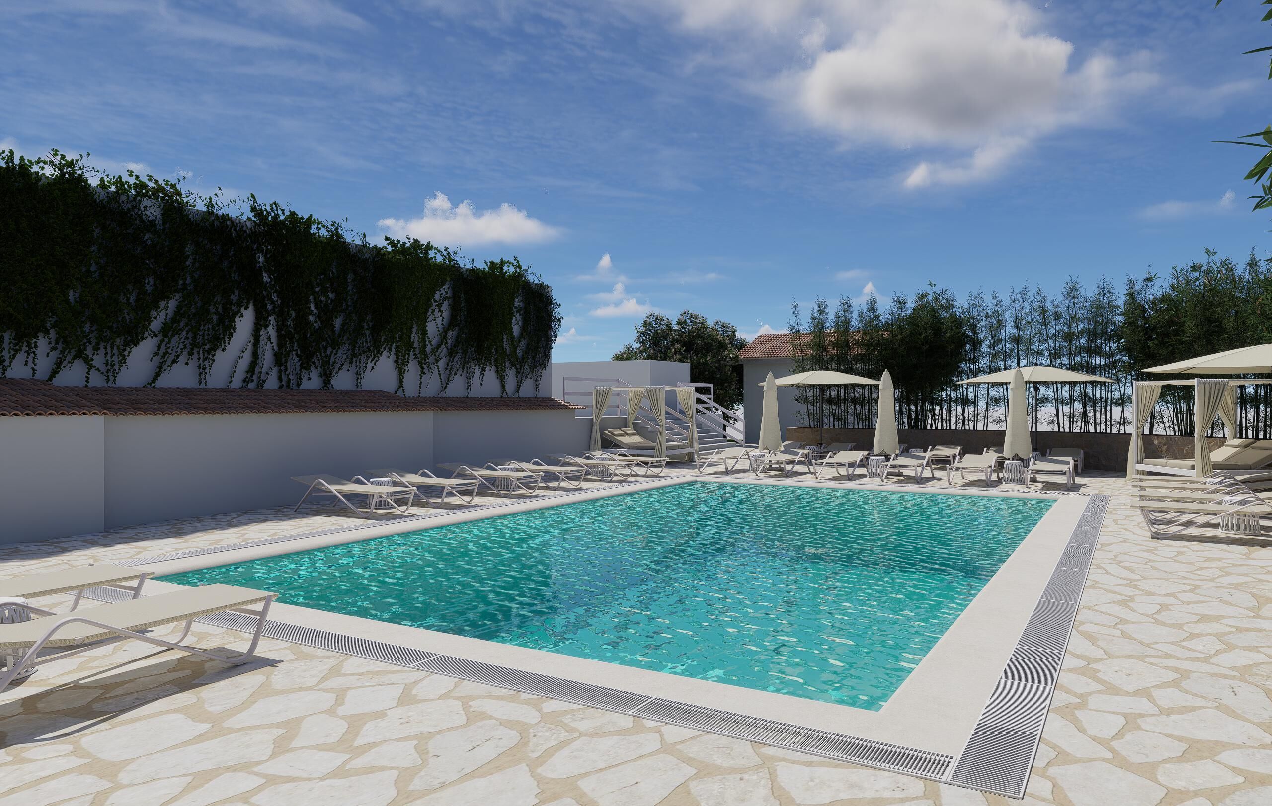 Seasonal outdoor pool, open 10:00 AM to 9:00 PM, pool umbrellas