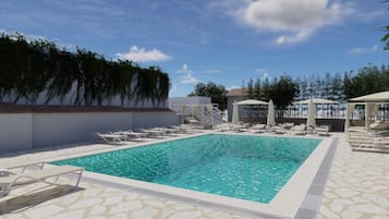 Seasonal outdoor pool, open 10:00 AM to 9:00 PM, pool umbrellas