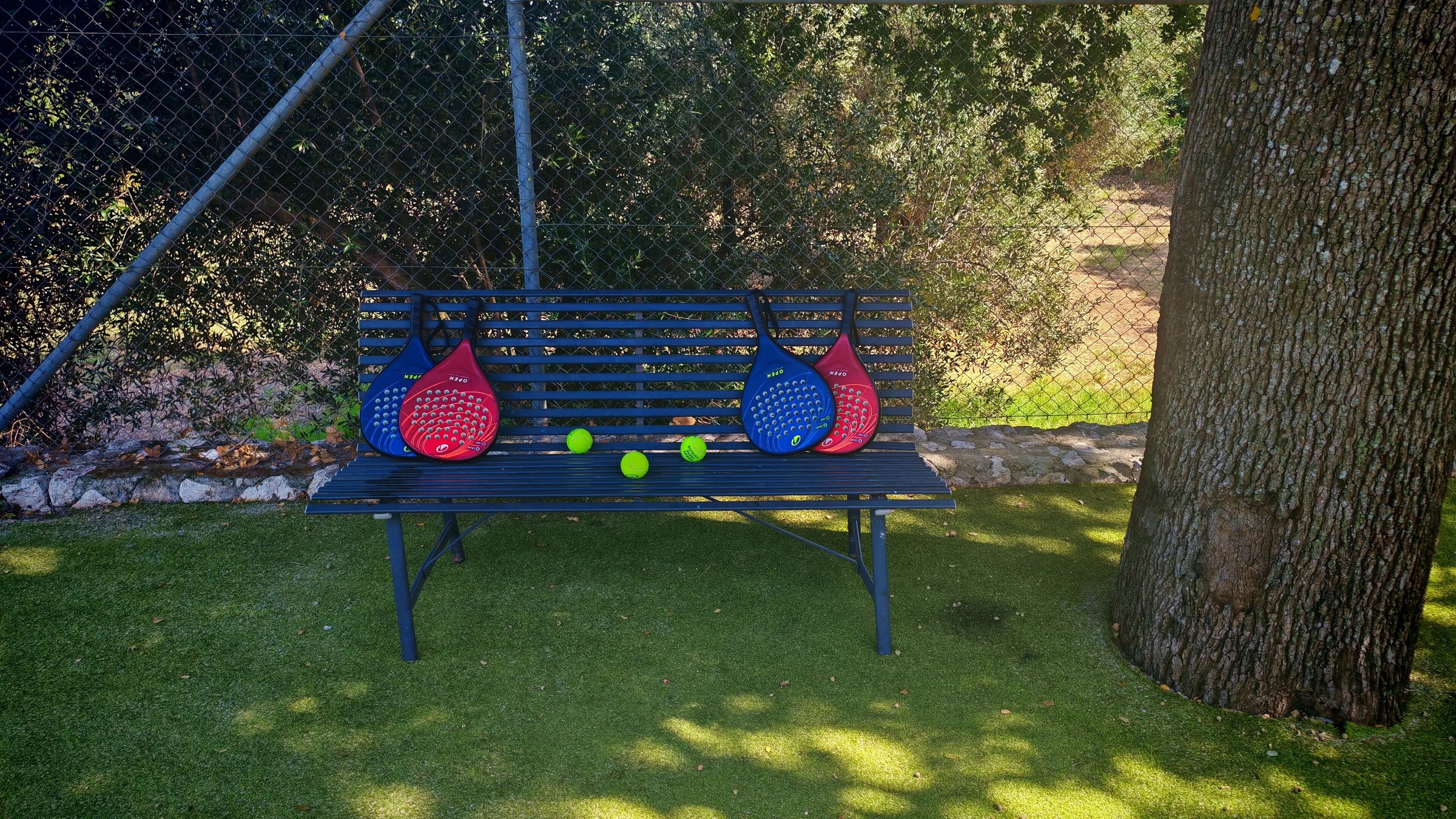 A bench with two bags of golf balls and a tree.