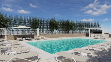 Seasonal outdoor pool, open 10:00 AM to 9:00 PM, pool umbrellas