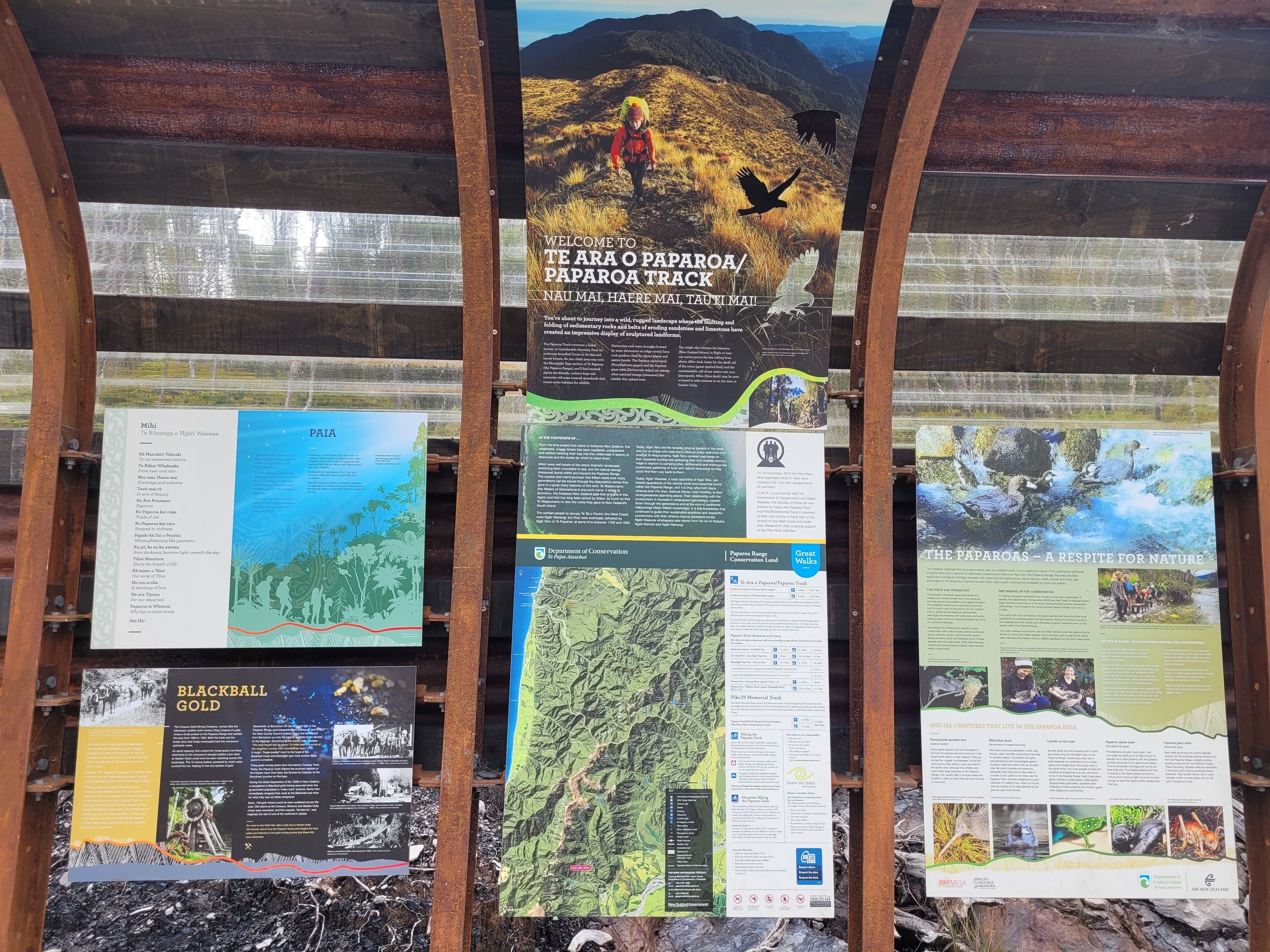 A series of informational signs about the Paparoa Track and local conservation efforts.