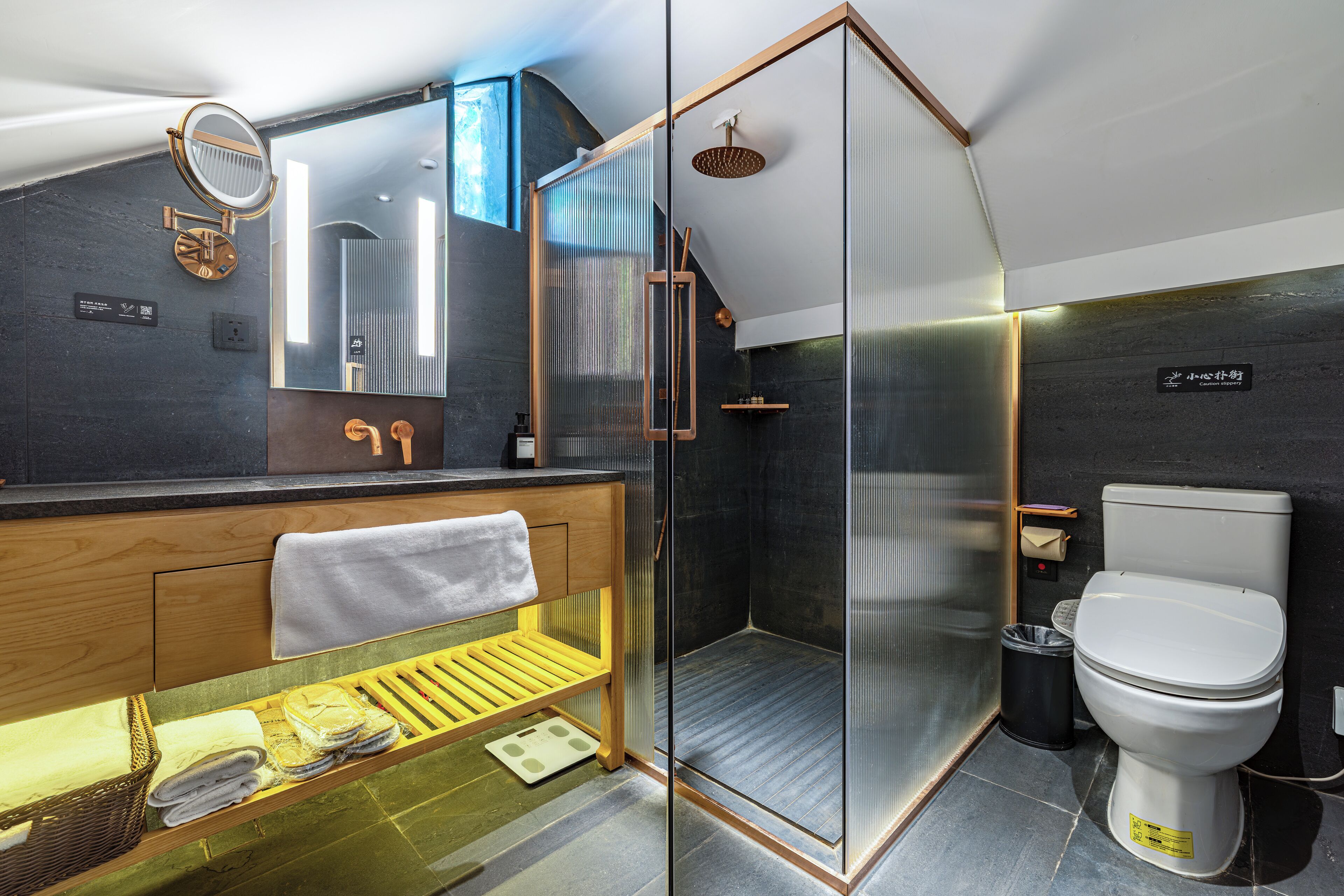 A modern bathroom with a glass-enclosed shower, a toilet, and a vanity with a towel rack.