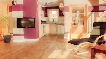 Fridge, oven, stovetop, dining tables