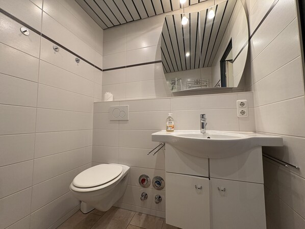 Une salle de bain moderne avec des toilettes, un lavabo et un miroir.