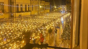 Een straatbeeld 's nachts met talloze lichtjes die een feestelijke sfeer creëren.
