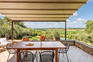 Une terrasse extérieure couverte, avec une table et des chaises en bois, un vase de fleurs et une vue sur la campagne.