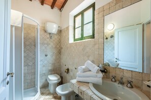 A bathroom with a shower, toilet, sink, and a mirror.