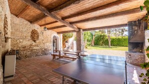 Ein Pingpongtisch, Steinwände, Holzbalken, ein Steinkamin und eine Bank.