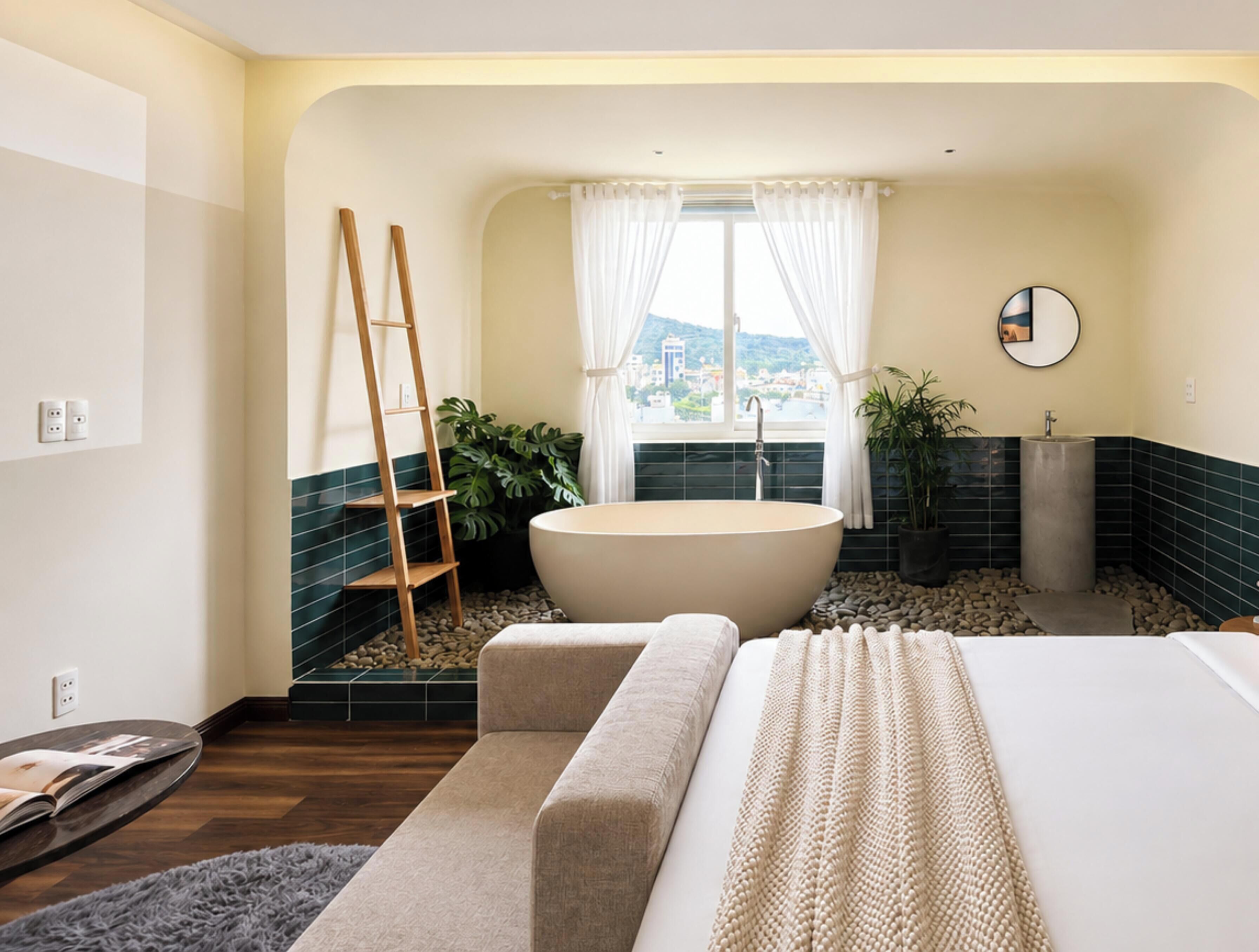 A modern bathroom with a freestanding bathtub, a wooden ladder, and a view of a cityscape through a large window.