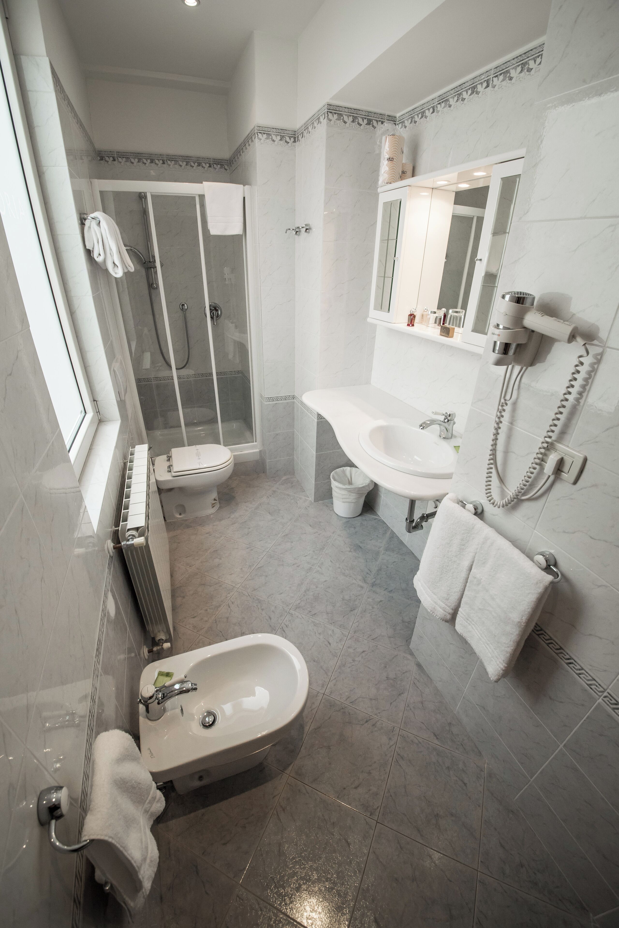 Moderni kylpyhuone, jossa on suihku, wc, pesuallas ja seinälle asennettu hiustenkuivaaja.