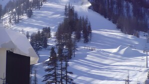 Montanha coberta de neve com teleféricos e árvores.