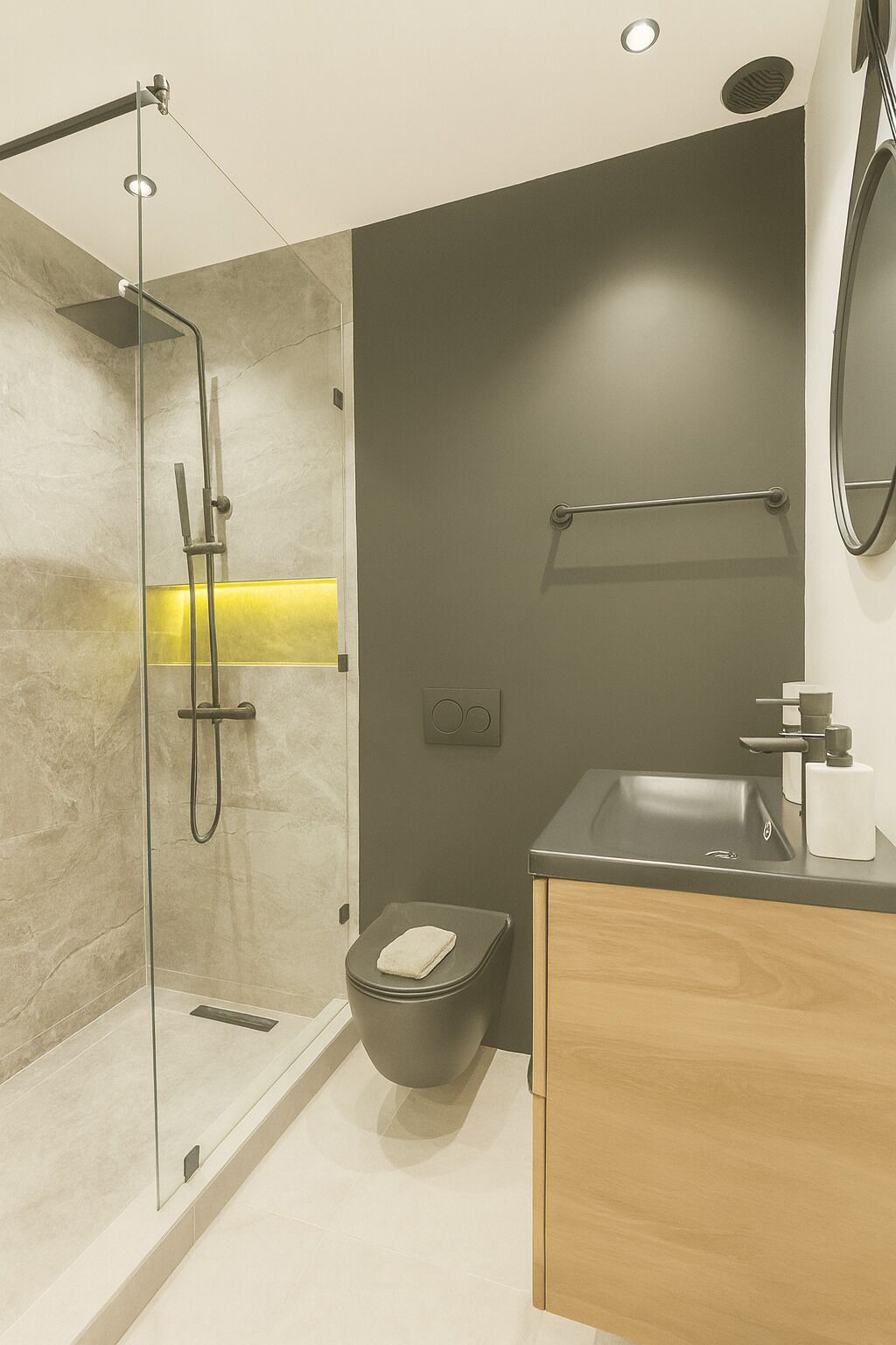 Hair dryer, bidet, towels, soap