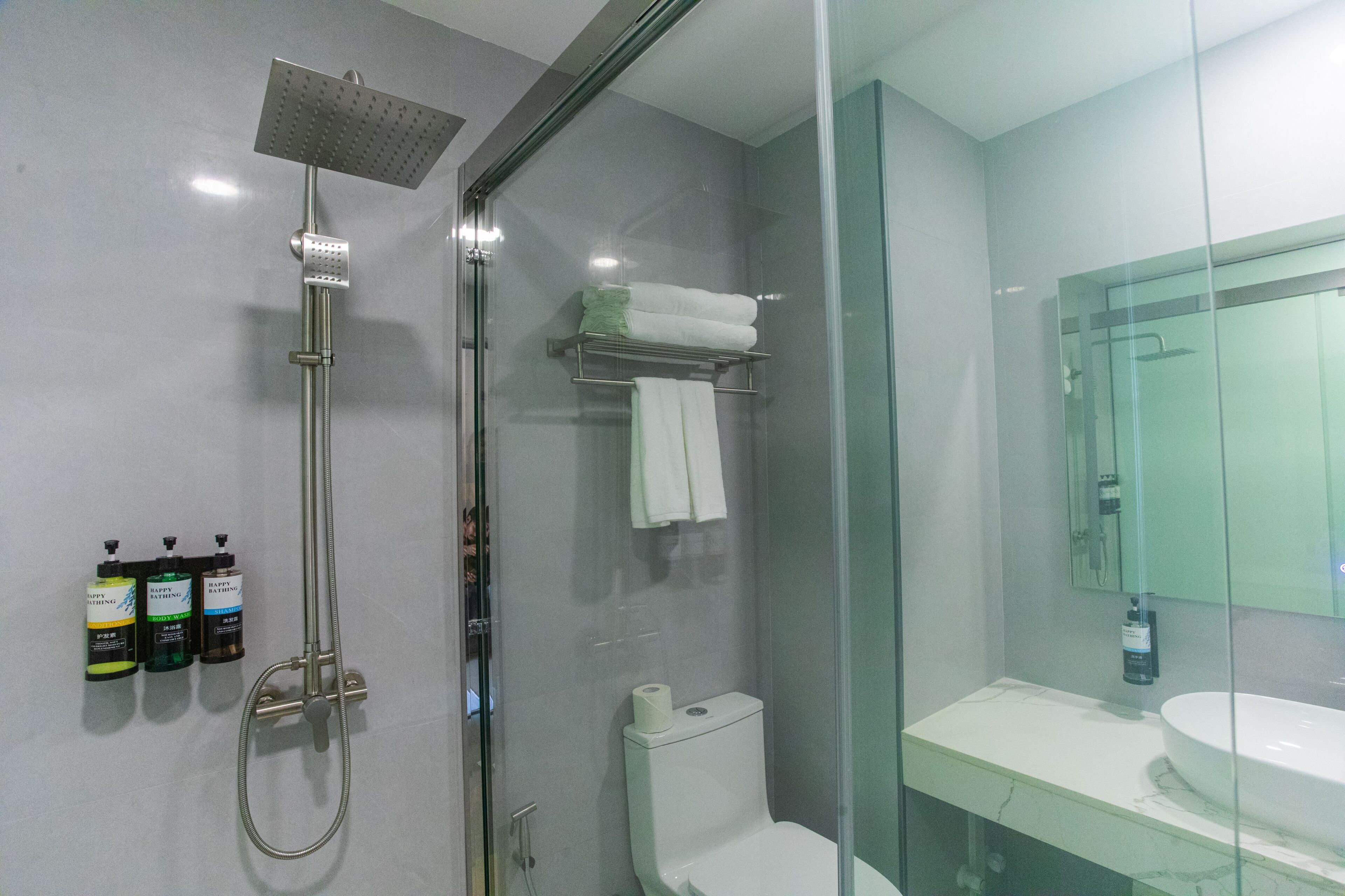 A modern bathroom with a glass-enclosed shower, a toilet, and a vanity with a sink.