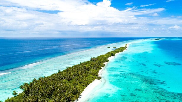 Vista aérea de uma praia tropical com águas turquesa cristalinas, uma faixa de areia e vegetação verde exuberante.