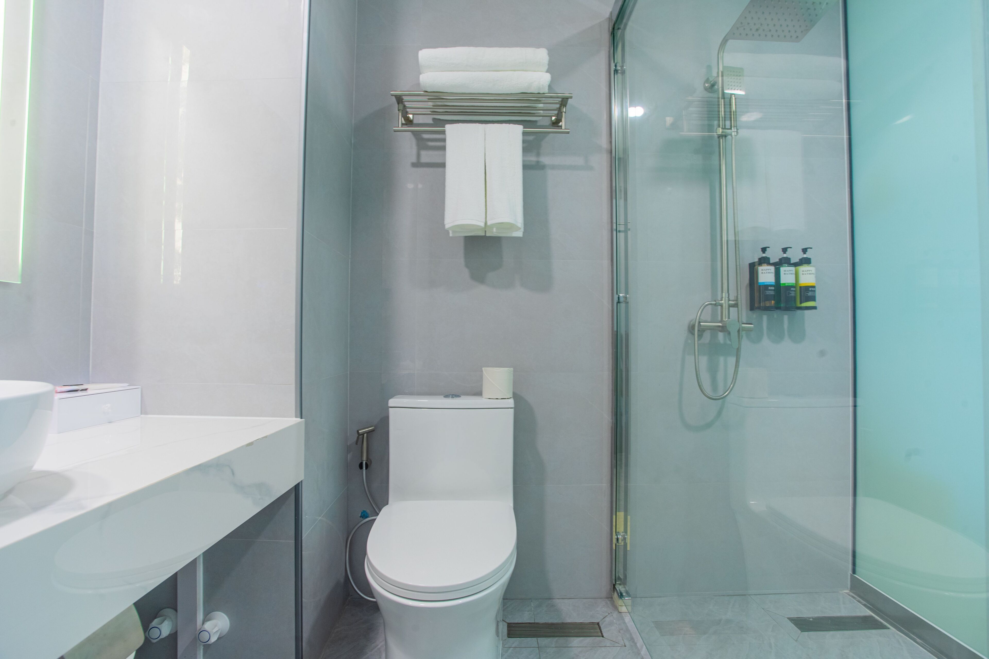 A modern bathroom with a white toilet, a glass shower enclosure, and a white sink.