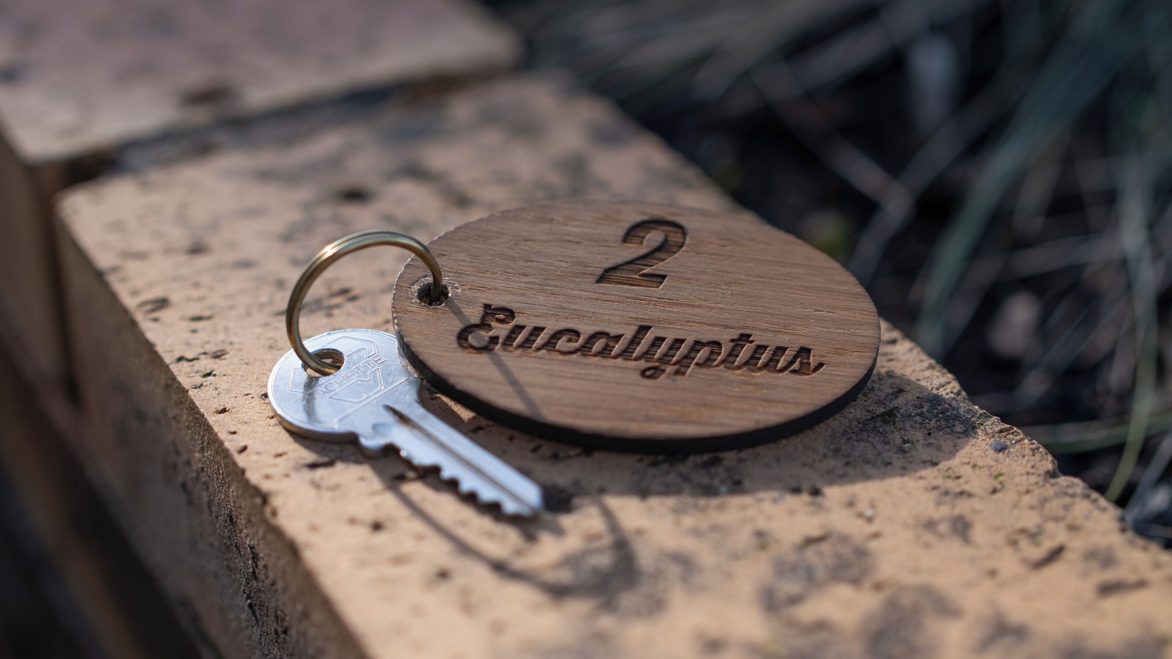 Une plaque en bois portant le numéro 2 et le mot « Eucalyptus » gravé, posée sur une surface en béton.