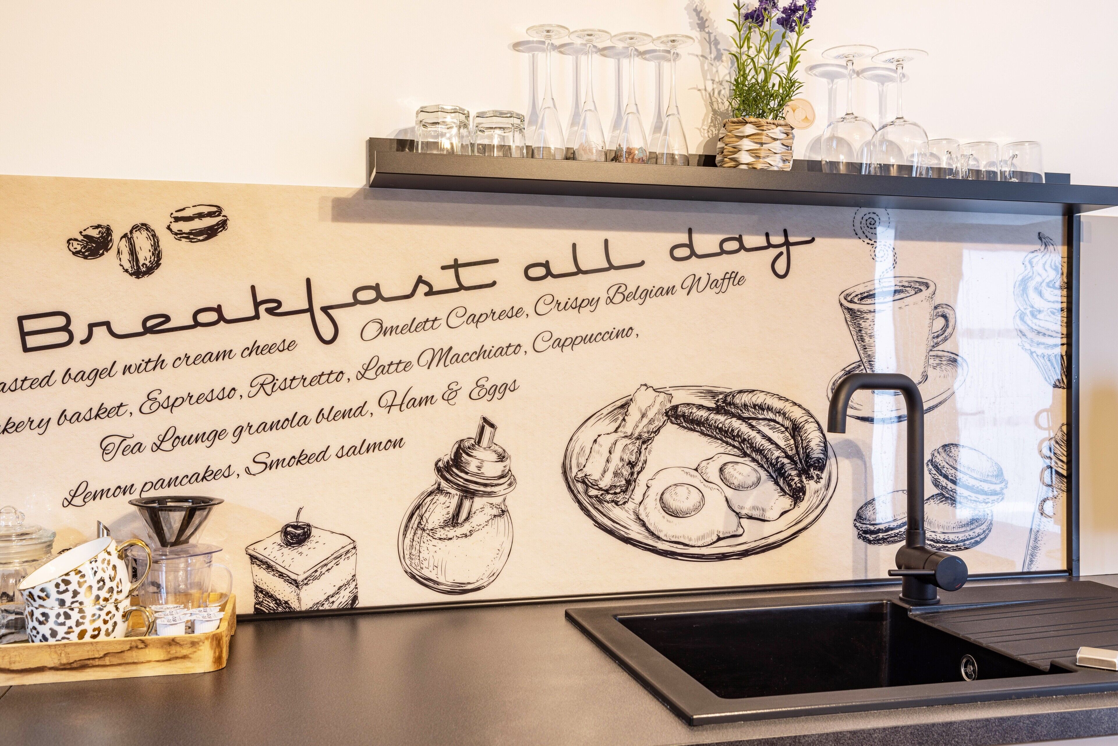 A breakfast menu board with coffee, tea, and various breakfast items.