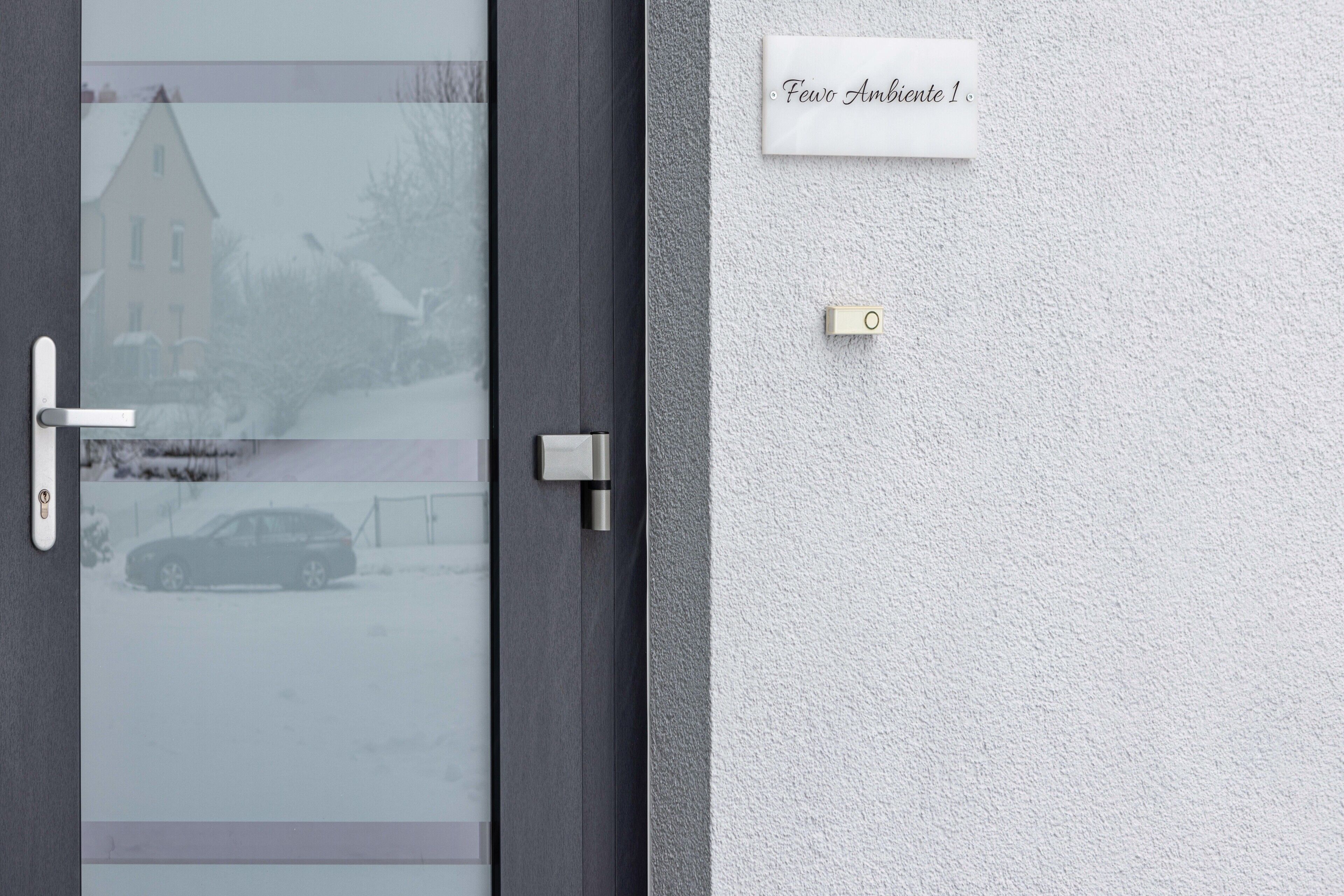 Een deur met een geëtste glaspanelen, een metalen handgreep en een naambordje met de tekst 'Flevo Ambiente 1'.