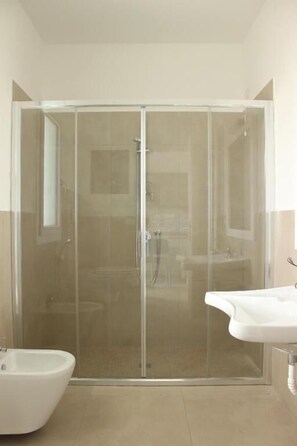 Regadera, secadora de cabello, toallas, papel de baño 