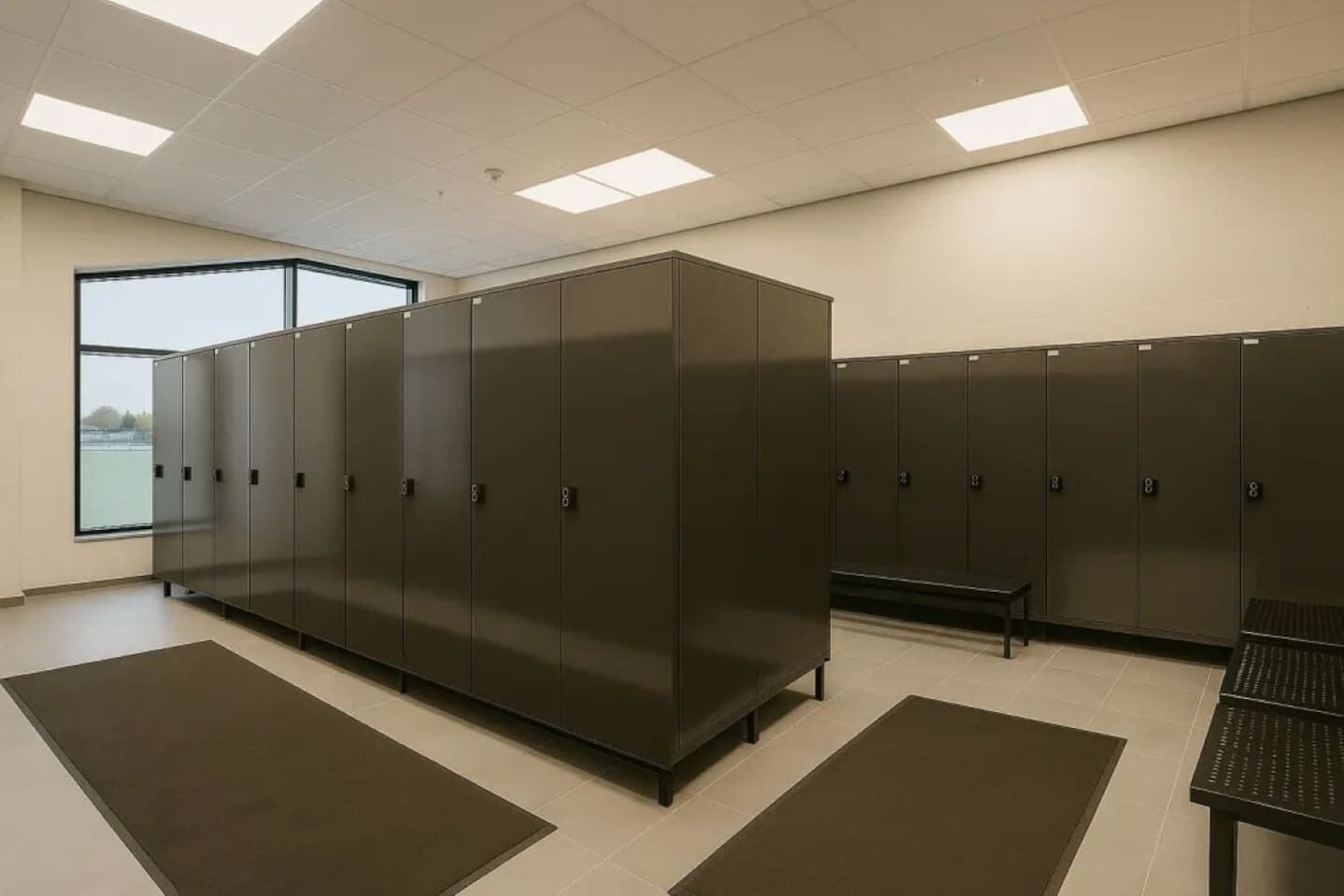 A locker room with metal lockers, a bench, and a large window providing natural light.