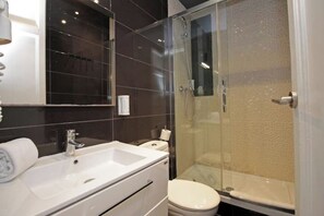 Regadera, secadora de cabello, toallas, jabón 