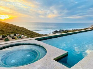 A swimming pool with a hot tub, surrounded by a landscaped area with desert plants, overlooking the ocean. - Oceanfront Sunset Paradis. Famous surfing spot! (LosCerritos)
