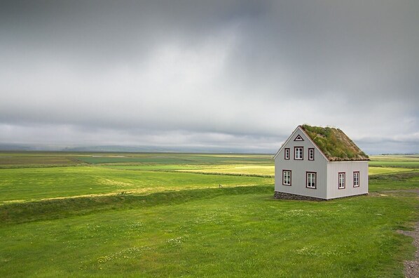 A white house with a grass roof in a green field.