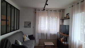 Olohuone, jossa on harmaa sohva, pieni pöytä, televisio ja patteri.