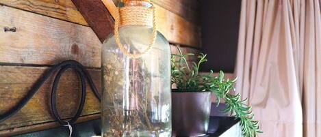 A clear glass bottle with a cork stopper on a shelf, next to a potted plant with green foliage.