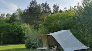 Una carpa con una mesa y sillas montadas en un área con césped, rodeada de árboles y arbustos.