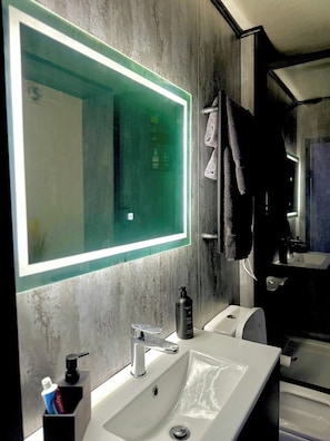 Douche, serviettes fournies, papier toilette