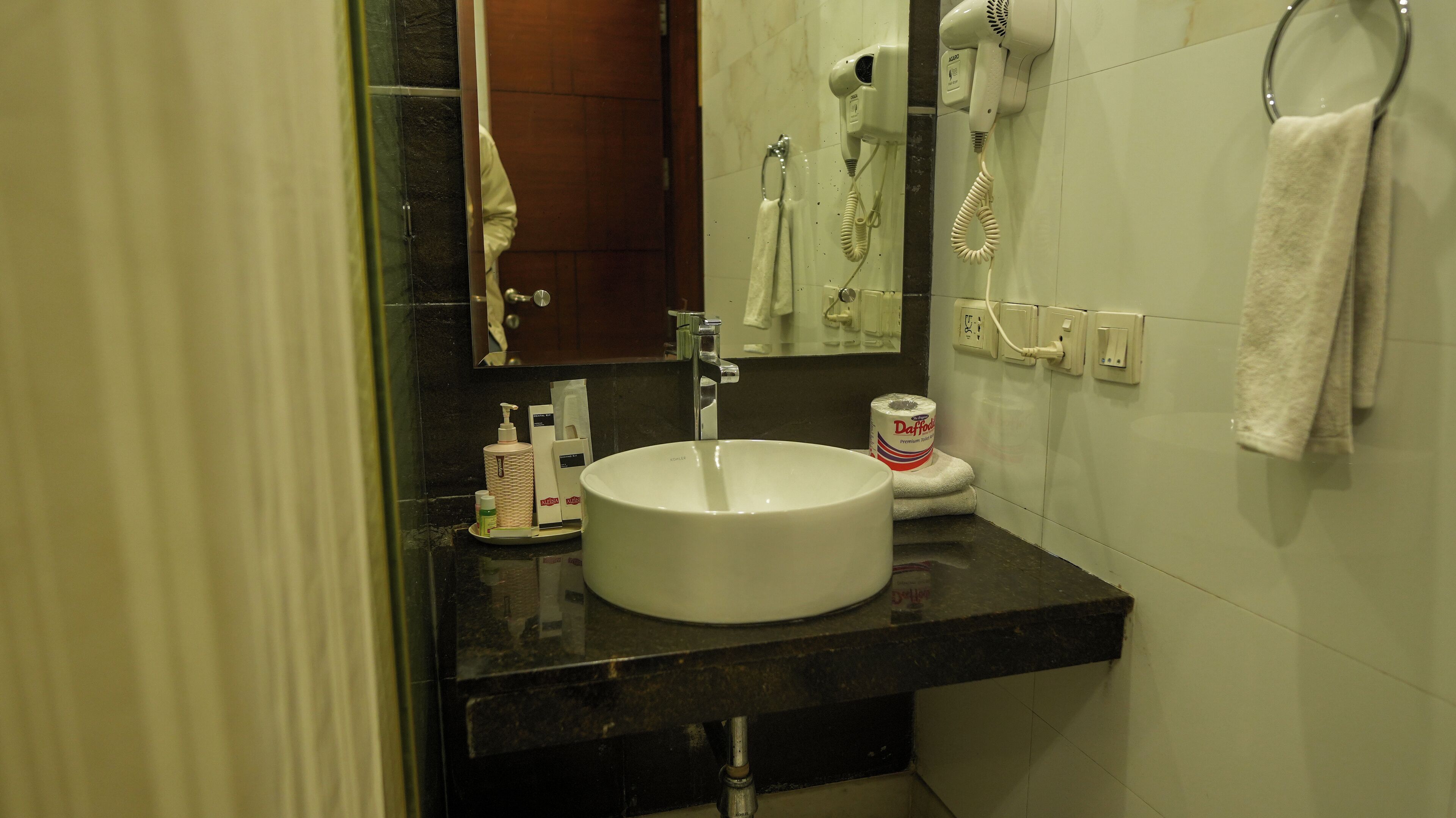 Hair dryer, towels, toilet paper