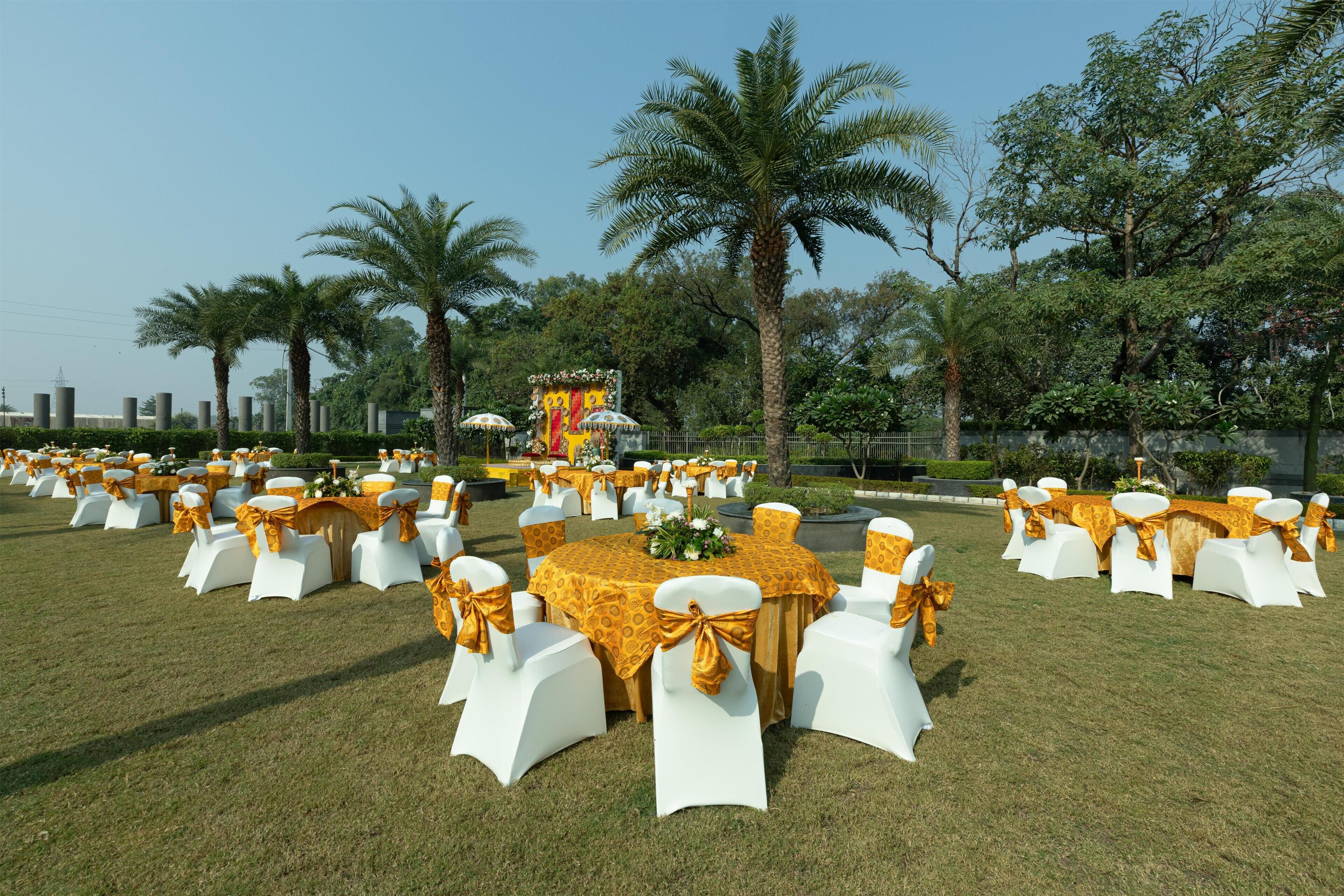 An outdoor event space with round tables and white chairs, surrounded by palm trees and greenery.