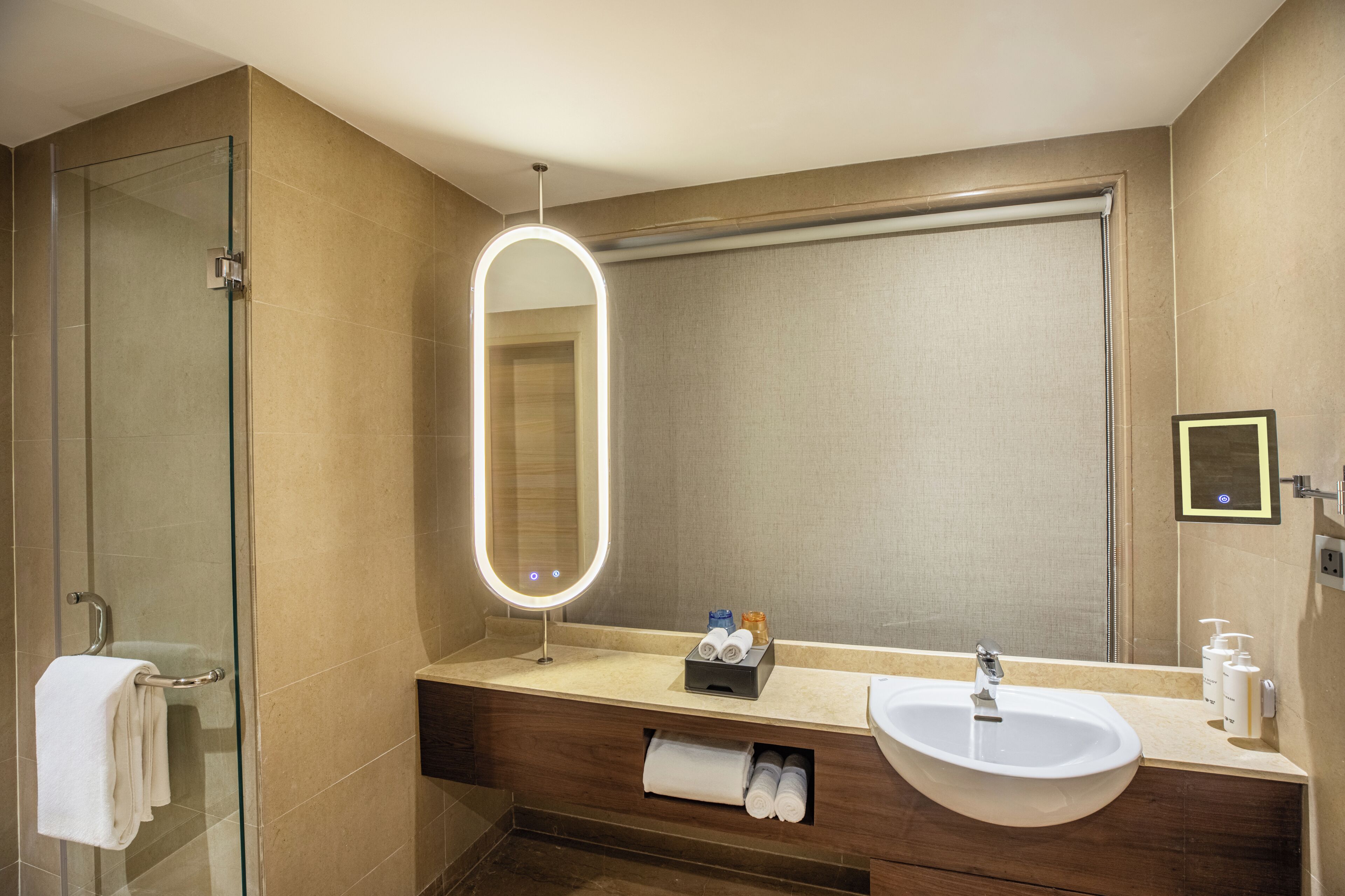 A modern bathroom with a glass shower, a vanity with a sink, and a large mirror.