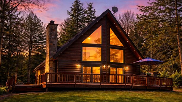Una cabaña de troncos con chimenea de piedra, ventanas grandes y una terraza con mobiliario exterior.