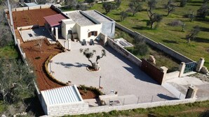Ein modernes Gebäude mit flachem Dach, einer überdachten Terrasse mit Sitzgelegenheiten und einem angelegten Garten mit einem zentralen Baum.