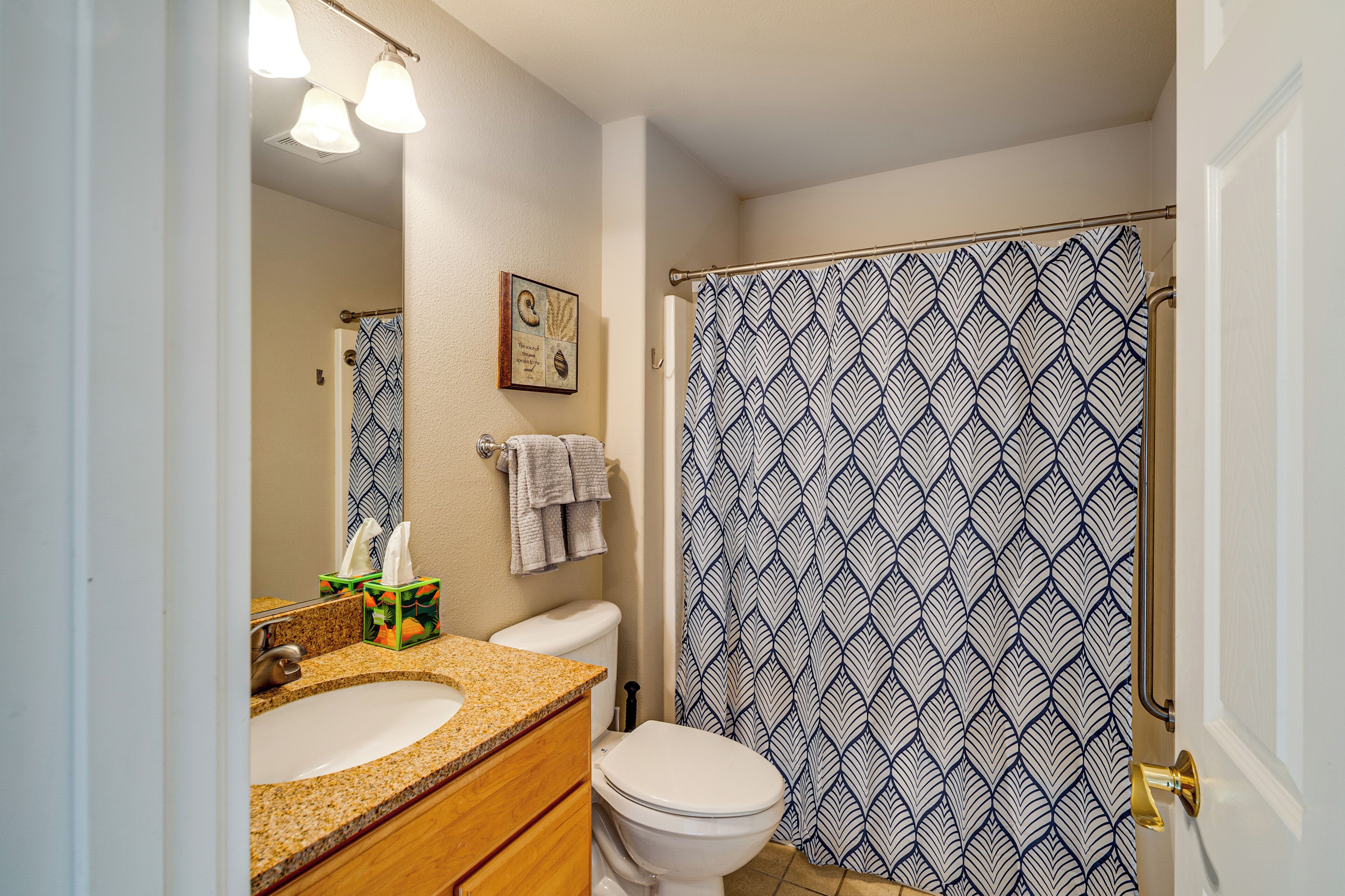 Une salle de bain équipée d’un lavabo, d’un miroir, de toilettes et d’un rideau de douche.