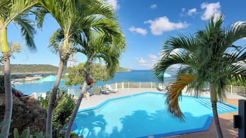 Una piscina con vista al mar, rodeada de palmeras y una cerca blanca.