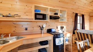 A wooden cabin kitchen with a stove, microwave, and sink. - Shared Dock Access at Lakeside Sodus Bay Cabin! (North Rose)
