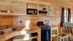 A compact kitchen with wooden walls, a microwave, stove, sink, and a small seating area. - Lakefront Cabin Living w/ Dock Access on Sodus Bay (North Rose)