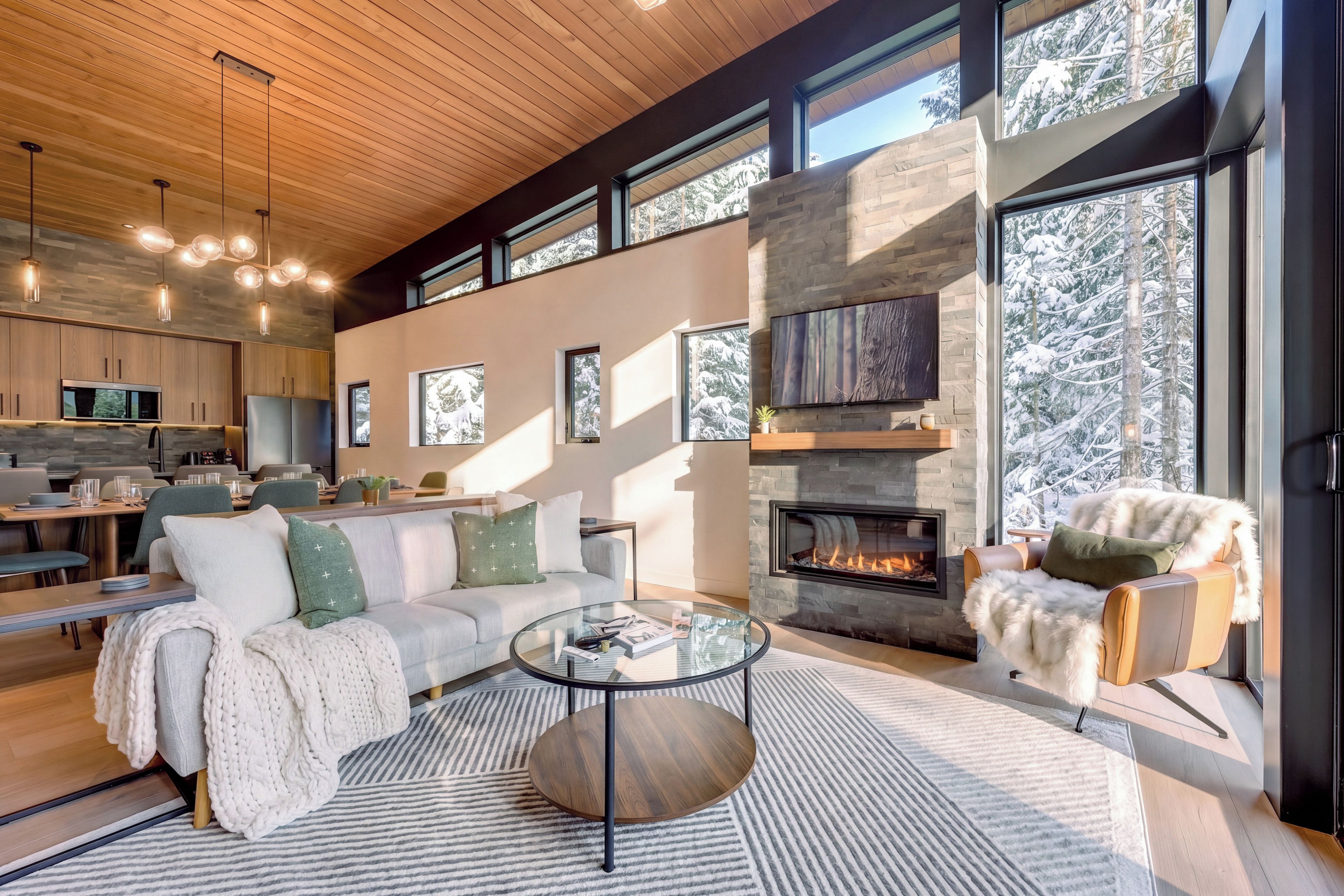 A modern living room with a fireplace, a sofa, a coffee table, and a television.