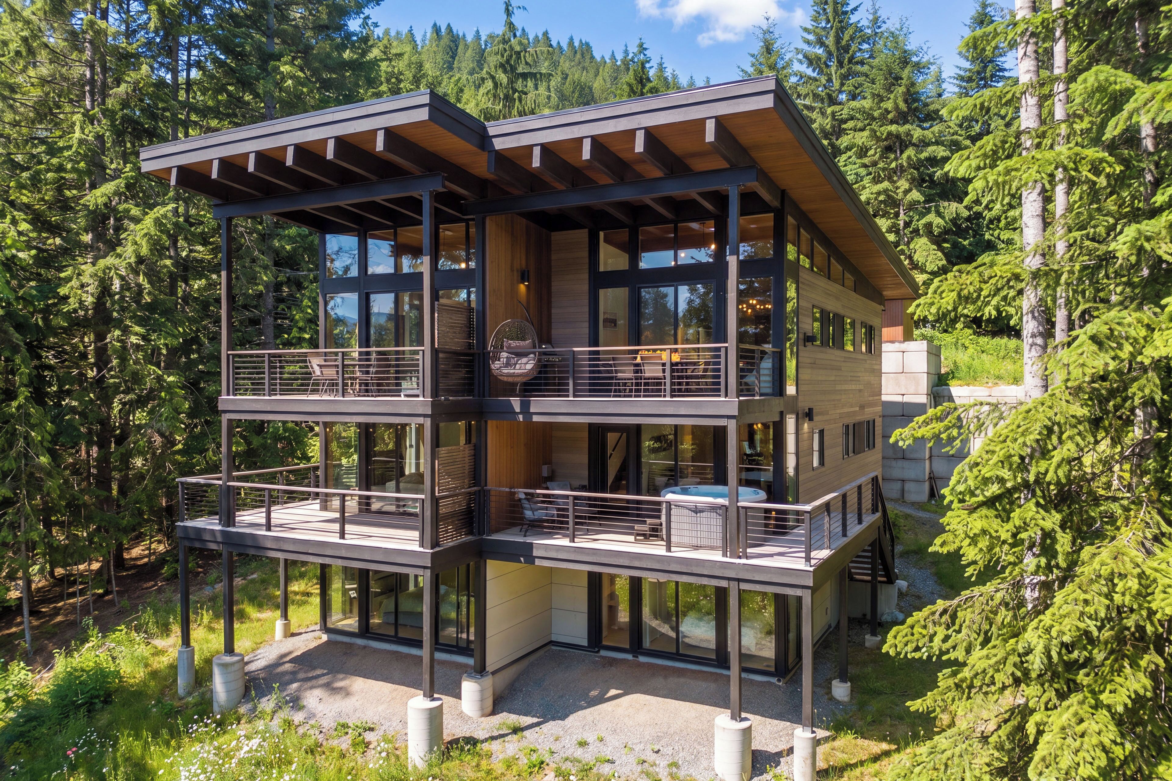 A modern multi-story building with large windows, a balcony, and a hot tub.