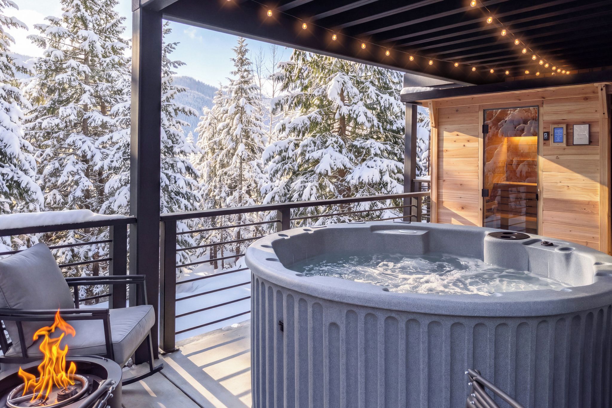 Un jacuzzi en un balcón con vistas a una montaña nevada.